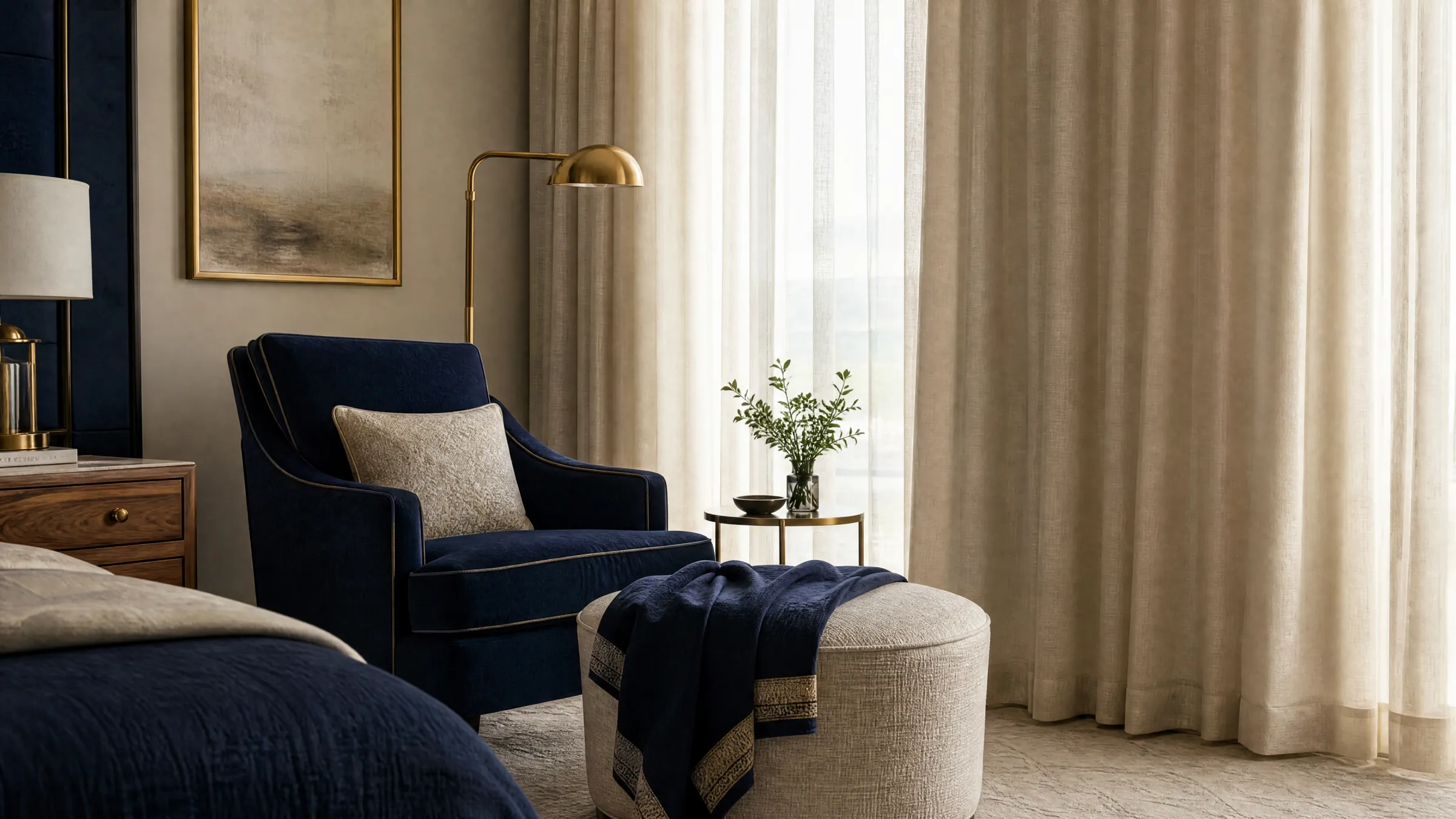 A hotel suite seating corner with a navy upholstered lounge chair, cream ottoman, and floor-to-ceiling ivory drapery in warm daylight